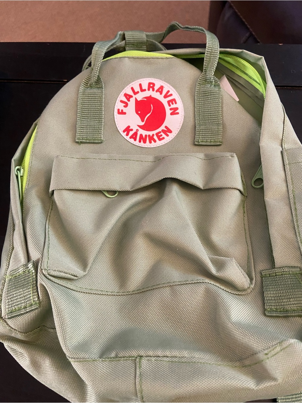 Fjallraven Kånken Backpack in Olive Green with Lime Accents